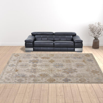12' X 15' Ivory Tan And Blue Floral Hand Knotted Stain Resistant Area Rug