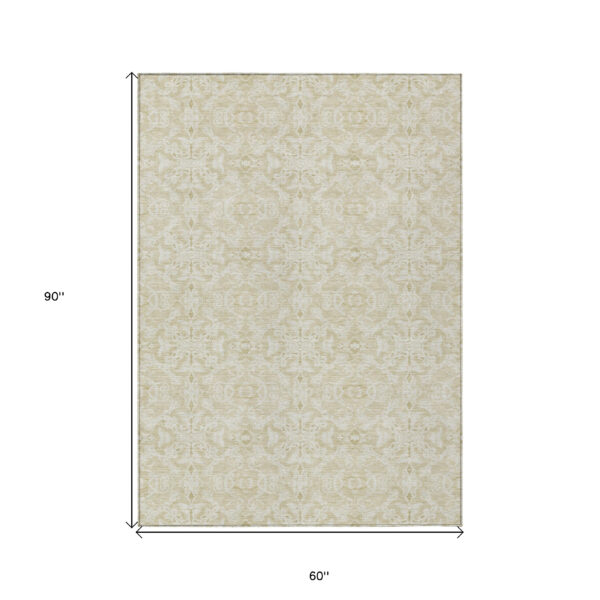5' X 8' Tan And Beige Medallion Washable Indoor Outdoor Area Rug