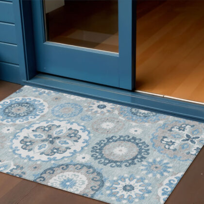 3' X 5' Sky Blue And Denim Blue Floral Medallion Washable Indoor Outdoor Area Rug