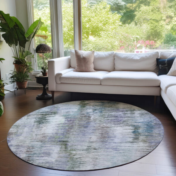 8' Green Gray And Purple Round Abstract Washable Indoor Outdoor Area Rug