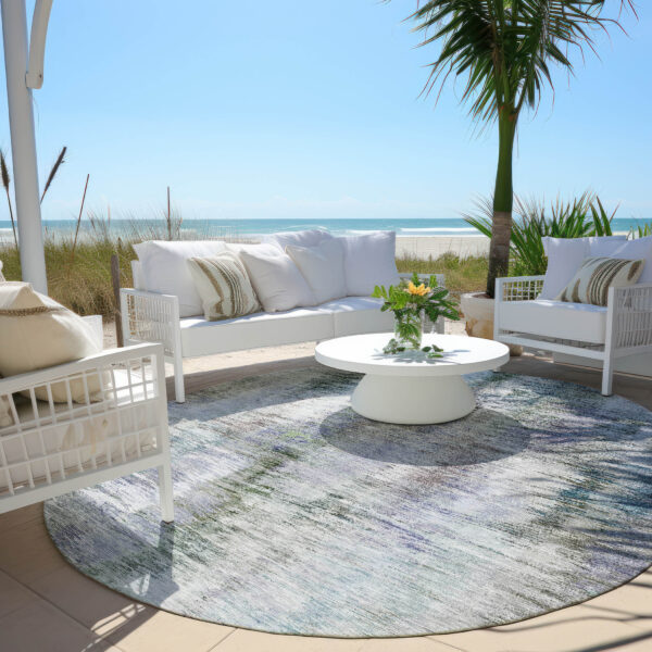 8' Green Gray And Purple Round Abstract Washable Indoor Outdoor Area Rug