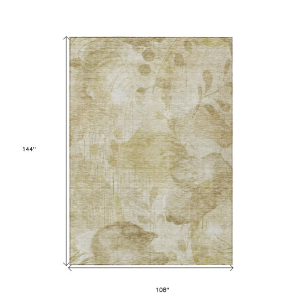 9' X 12' Beige Tan And Ivory Floral Washable Indoor Outdoor Area Rug