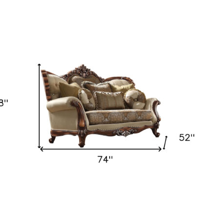 74" Tan And Brown Velvet Damask Curved Loveseat and Toss Pillows