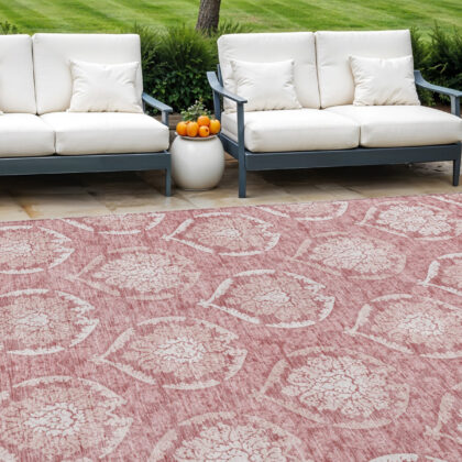 9' X 12' Pink Blush And Ivory Medallion Washable Indoor Outdoor Area Rug