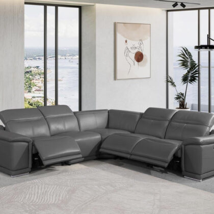 Gray Italian Leather Power Reclining U Shaped Five Piece Corner Sectional With Console