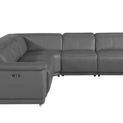 Gray Italian Leather Power Reclining U Shaped Five Piece Corner Sectional With Console