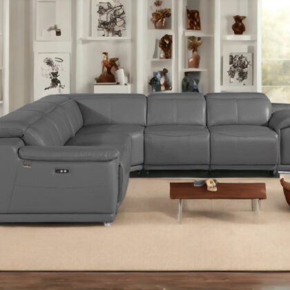 Gray Italian Leather Power Reclining U Shaped Five Piece Corner Sectional With Console