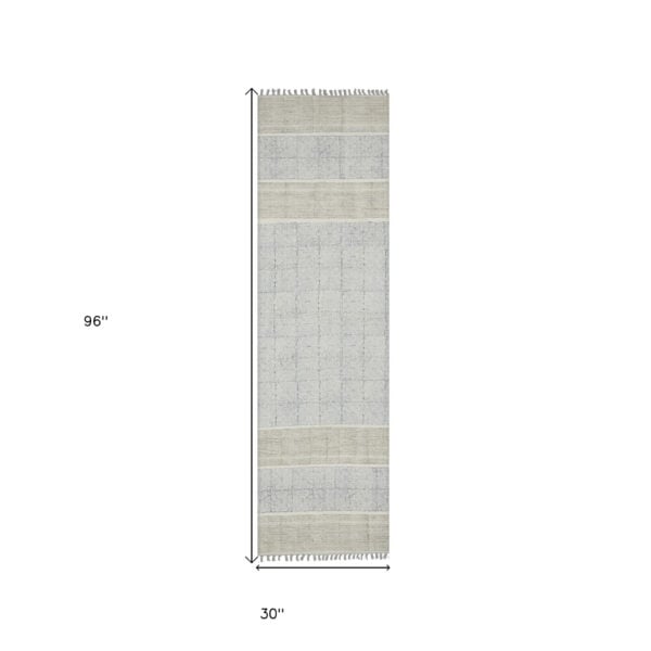 8' Blue Oriental Flatweave Handmade Distressed Runner Rug With Fringe