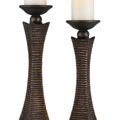 Set Of Two Bronze Pillar Tabletop Pillar Candle Holders