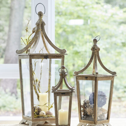Set Of Three Brown Flameless Floor Lantern Candle Holder