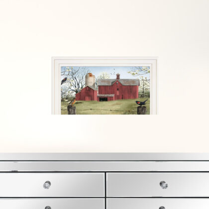 Rustic Red Barn and Birds White Framed Print Wall Art