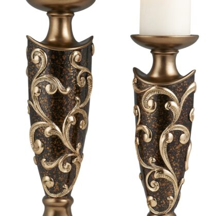 Set Of Two Brown and Gold Pillar Tabletop Pillar Candle Holders