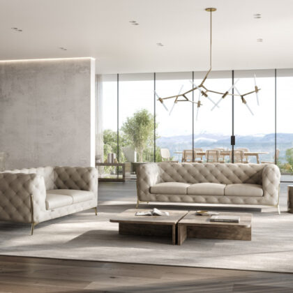 Two Piece Indoor Beige Italian Leather Five Person Seating Set
