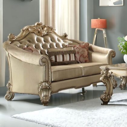 67" Bone And Gold Faux Leather Loveseat and Toss Pillows
