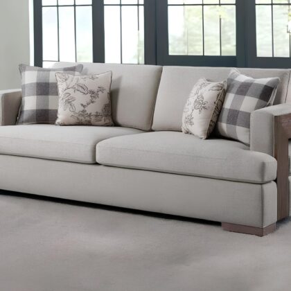 92" Fabric Linen And Brown Sofa With Four Toss Pillows