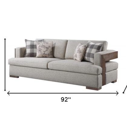 92" Fabric Linen And Brown Sofa With Four Toss Pillows