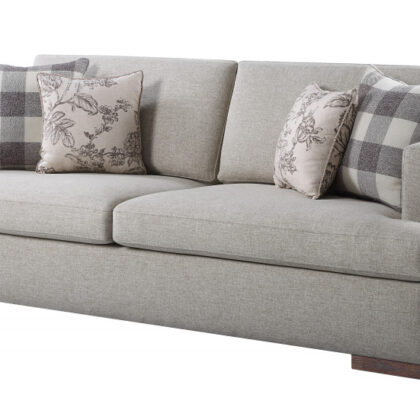 92" Fabric Linen And Brown Sofa With Four Toss Pillows