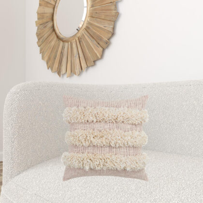 20" Beige and Pink Cotton Pillow With Fringe Edges