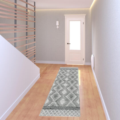 8' Gray and Ivory Geometric Hand Woven Runner Rug With Fringe