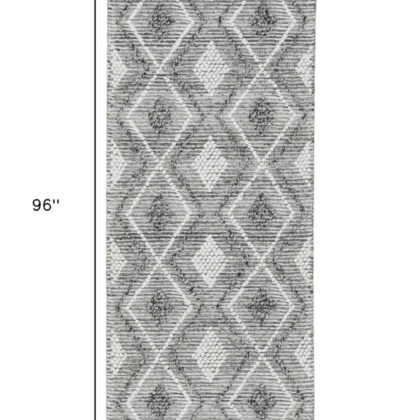8' Gray and Ivory Geometric Hand Woven Runner Rug With Fringe