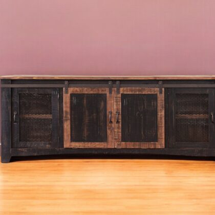 79" Black Solid Wood Cabinet Enclosed Storage Distressed TV Stand