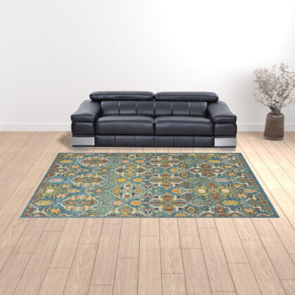 9' x 12' Teal and Gold Floral Power Loom Area Rug