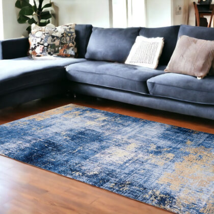 8' x 11' Blue and Gold Abstract Printed Washable Non Skid Area Rug