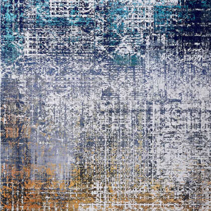 6' x 9' Blue and Silver Abstract Shag Printed Washable Non Skid Area Rug