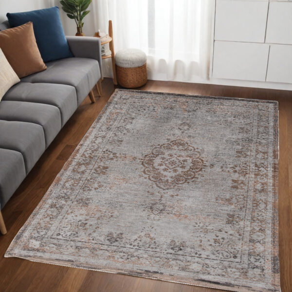5' x 7' Gray and Beige Medallion Non Skid Area Rug