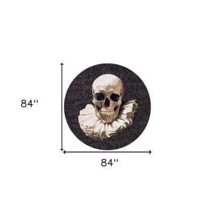 8' Black and White Round Funky Skull Non Skid Area Rug