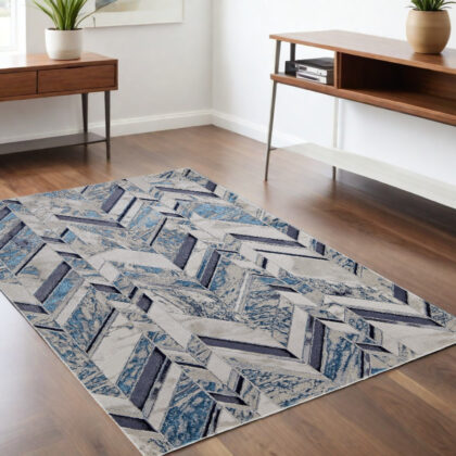 4' x 6' Ivory and Blue Chevron Power Loom Distressed Area Rug