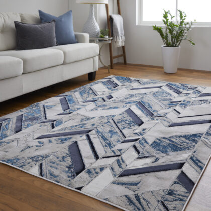 4' x 6' Ivory and Blue Chevron Power Loom Distressed Area Rug