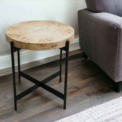 22" Black And Brown Wood And Metal Round End Table