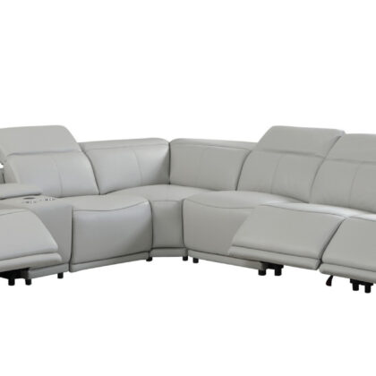 Light Gray Italian Leather Power Reclining U Shaped Seven Piece Corner Sectional With Console