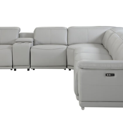 Light Gray Italian Leather Power Reclining U Shaped Seven Piece Corner Sectional With Console