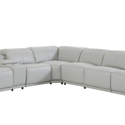 Light Gray Italian Leather Power Reclining U Shaped Seven Piece Corner Sectional With Console