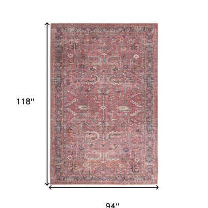 8' X 10' Red Floral Power Loom Distressed Area Rug