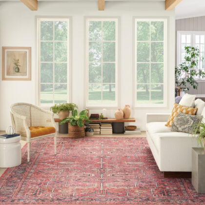 8' X 10' Red Floral Power Loom Distressed Area Rug
