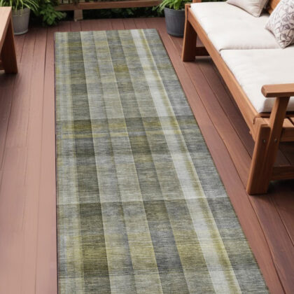 2' X 8' Gray Plaid Washable Non Skid Indoor Outdoor Runner Rug