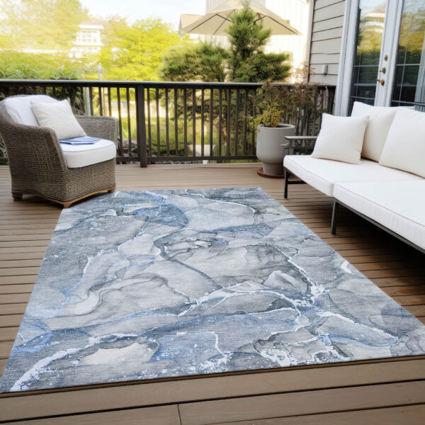 9' X 12' Blue and Gray Abstract Washable Non Skid Indoor Outdoor Area Rug