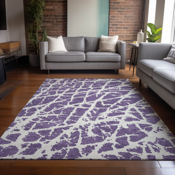 5' X 8' Purple and White Abstract Washable Non Skid Indoor Outdoor Area Rug