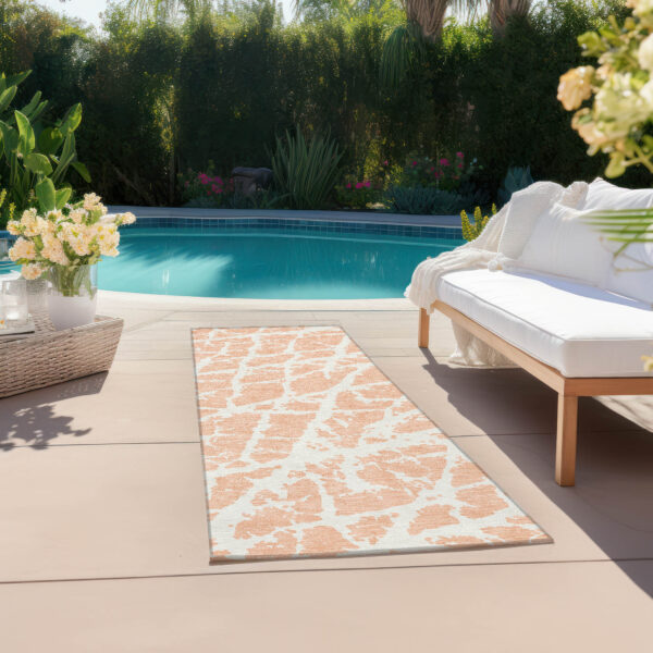8' Runner Peach and Ivory Abstract Washable Non Skid Indoor Outdoor Runner Rug