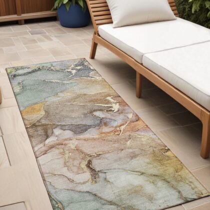 2' X 8' Gray and Gold Abstract Washable Non Skid Indoor Outdoor Area Rug