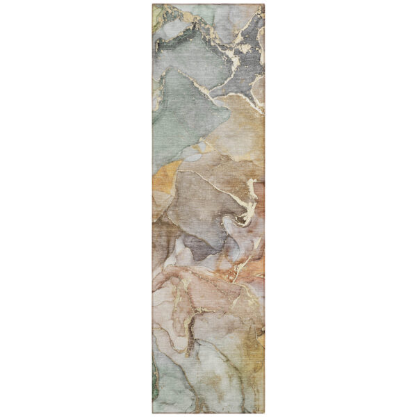 2' X 8' Gray and Gold Abstract Washable Non Skid Indoor Outdoor Area Rug