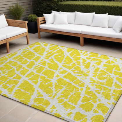 8' X 10' Yellow and White Abstract Washable Non Skid Indoor Outdoor Area Rug