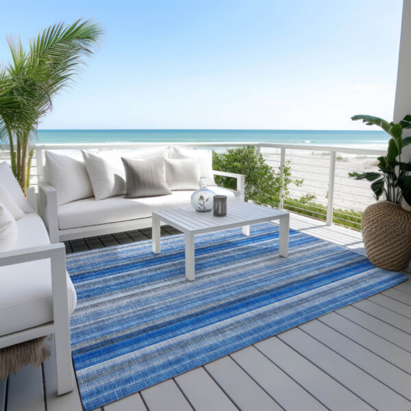 9' X 12' Blue Striped Washable Non Skid Indoor Outdoor Area Rug
