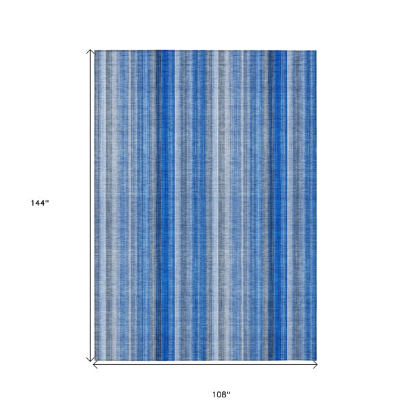 9' X 12' Blue Striped Washable Non Skid Indoor Outdoor Area Rug