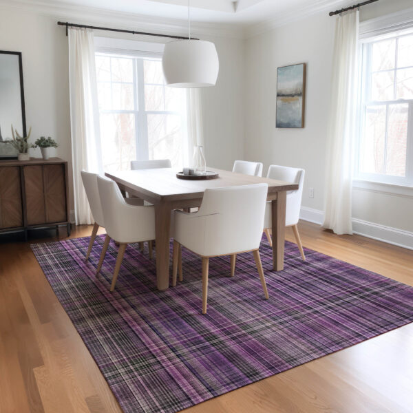 3' X 5' Purple and Gray Plaid Washable Non Skid Indoor Outdoor Area Rug