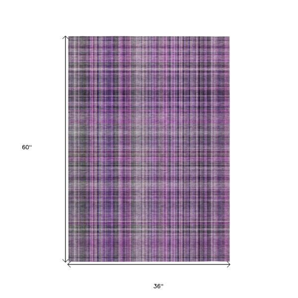 3' X 5' Purple and Gray Plaid Washable Non Skid Indoor Outdoor Area Rug