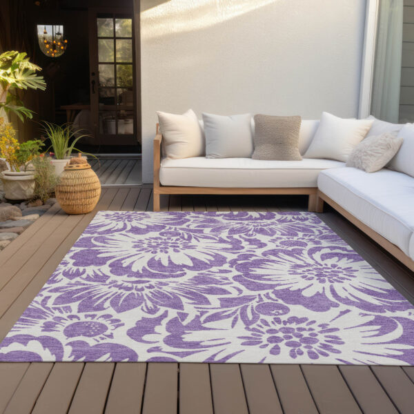 9' X 12' Purple and Ivory Floral Washable Non Skid Indoor Outdoor Area Rug